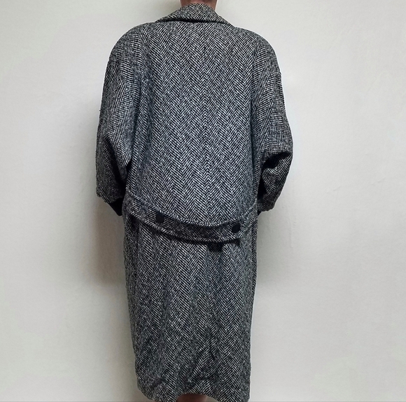 80s Vintage Black Gray Herringbone Wool Balloon Sleeve Longline Trench Coat XL - Picture 3 of 13